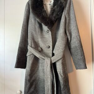 Banana Republic Gray Trench Coat with Fur Trim